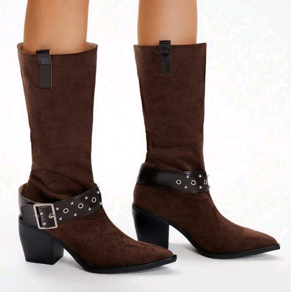Women's Casual Fashion Sexy Chunky Heel Pointed Toe Western Boots,Core